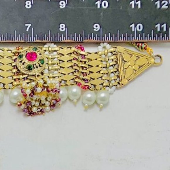 Golden Tone Metal Choker Necklace, Statement Collar Choker With Multicolor Beads - Picture 8 of 11